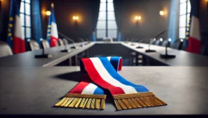 Table dans une salle feutrée avec fond bleu, utilisée pour des masterclass et formations dédiées aux élus.