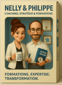 Nelly et Philippe, experts en formation, stratégie et coaching pour les collectivités, posent avec des outils de gestion publique et un message motivant.