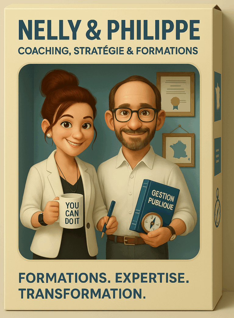 Nelly et Philippe, experts en formation, stratégie et coaching pour les collectivités, posent avec des outils de gestion publique et un message motivant.